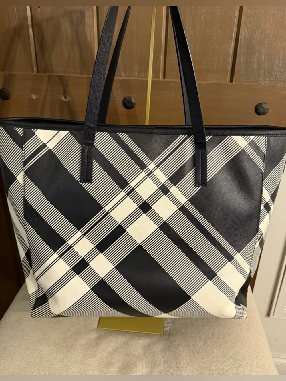 Talbots Plaid Work Tote Bag Black White Large Shoulder Carryall Office Purse